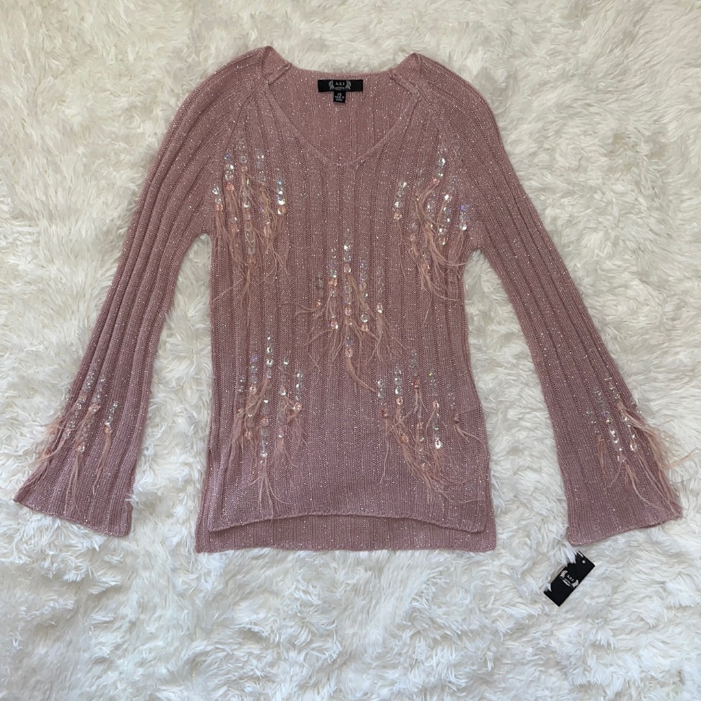 A.Z.I New York Unique Feather Beaded Embellished Pink Top